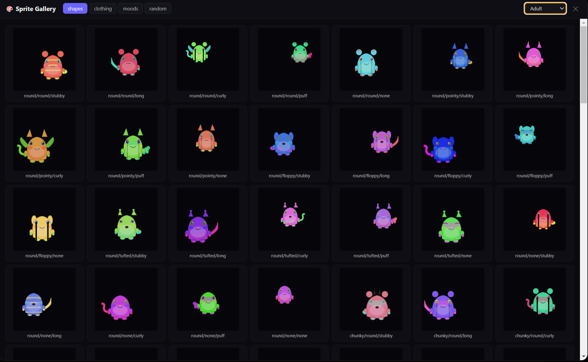 Pet gallery showing diverse procgen sprites